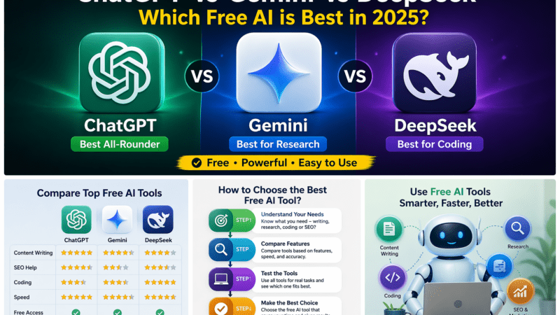 ChatGPT vs Gemini vs DeepSeek comparison showing best free AI tools in 2025 for content writing, SEO, research, and coding with features and step by step guide