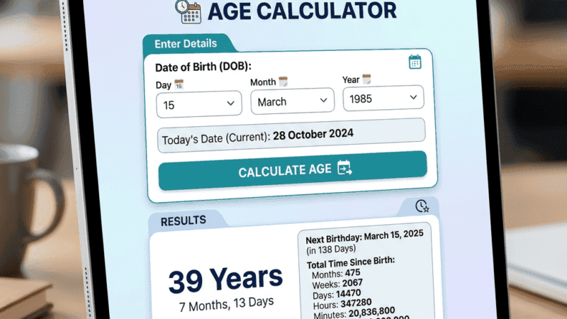 Age calculator app on tablet showing birth date March 15, 1985 and age 39 years 7 months 13 days
