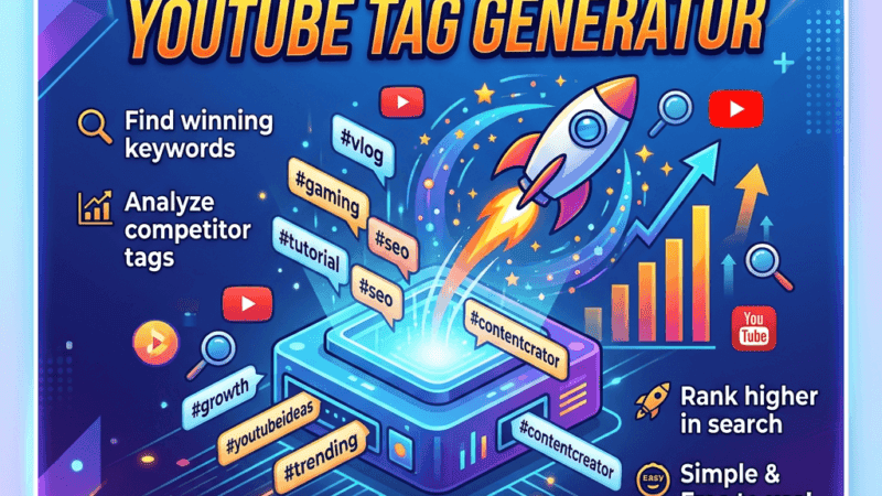Illustration of a YouTube tag generator with keywords and growth icons