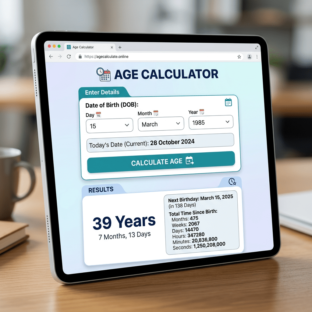 Age calculator app on tablet showing birth date March 15, 1985 and age 39 years 7 months 13 days