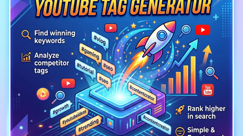 Illustration of a YouTube tag generator with keywords and growth icons