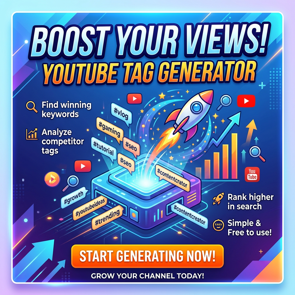 Illustration of a YouTube tag generator with keywords and growth icons